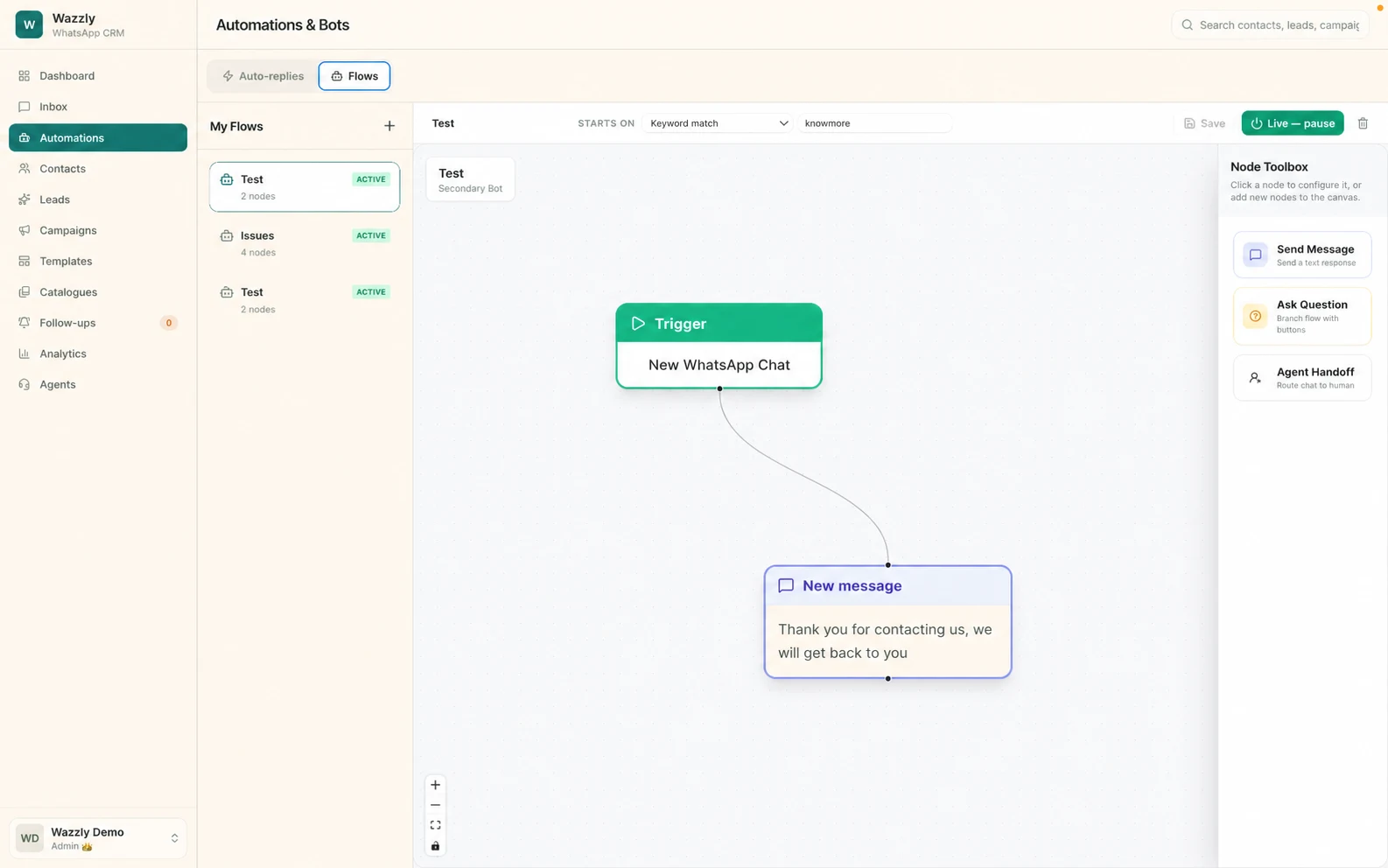 Wazzly visual automation builder with a WhatsApp trigger and message node