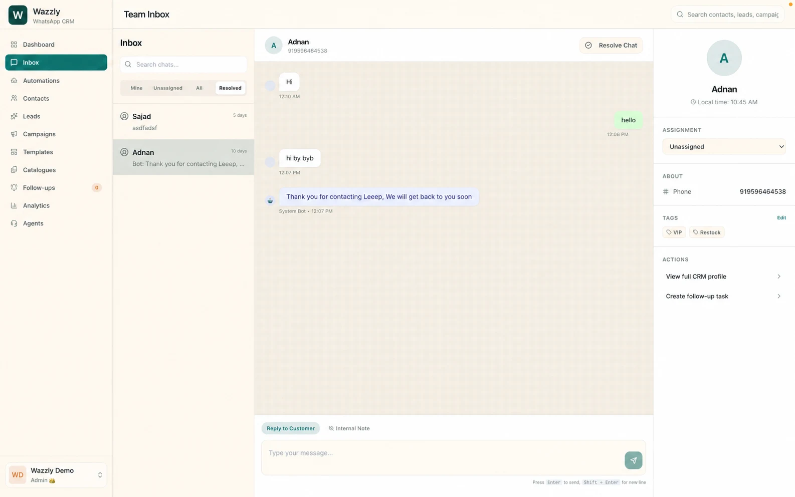 Wazzly shared team inbox with a customer conversation and CRM profile