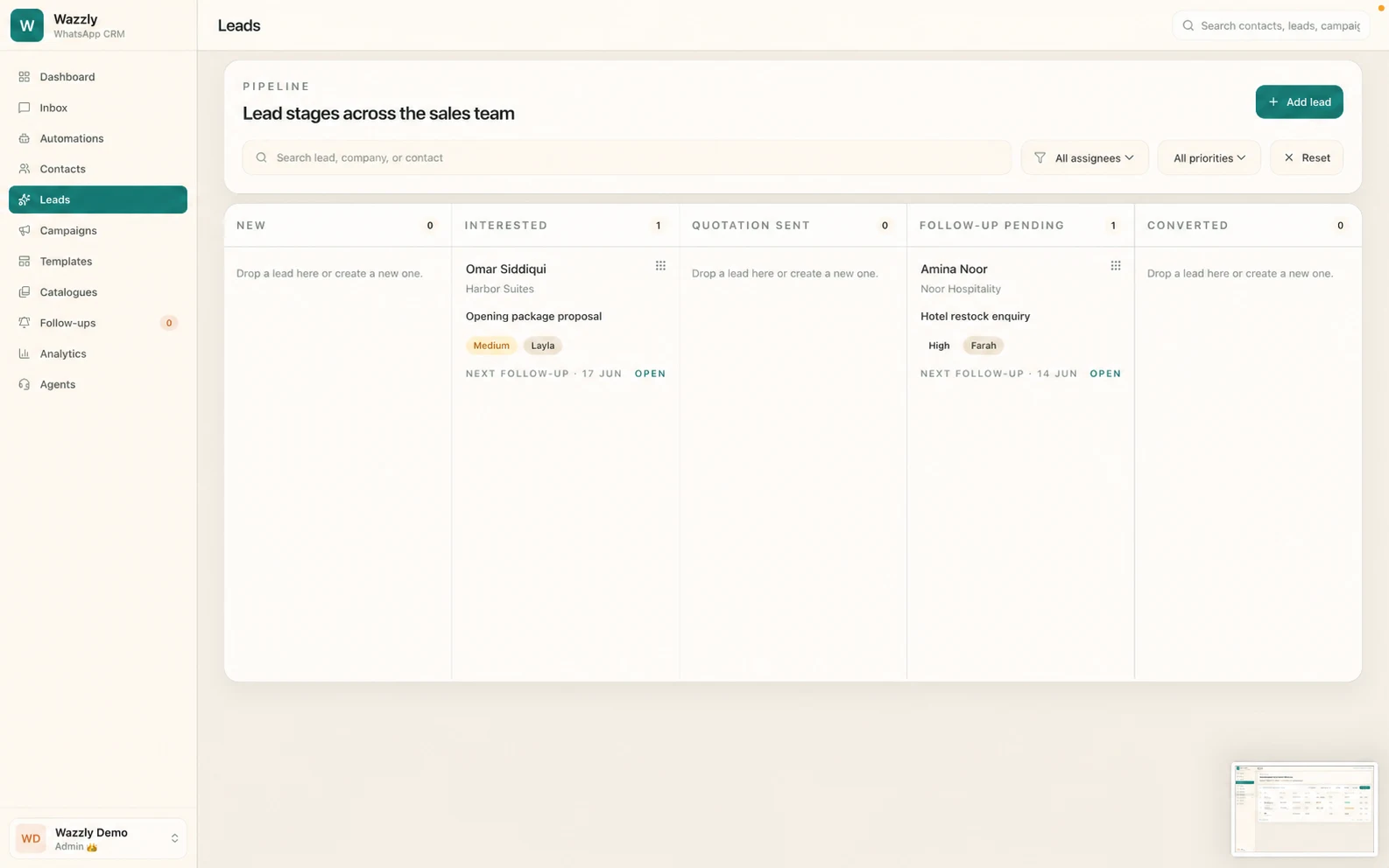 Wazzly visual lead pipeline with sales stages and lead cards